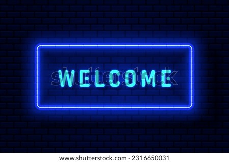 Vector welcome of frame blue neon light on dark blue overlap design. Futuristic technology background.