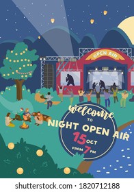 Vector Willkommen bei der Night Open Air Festival Einladung. Vertikales Bannerdesign mit Musik und Menschen, die nachts tanzen. Party-Einladung.