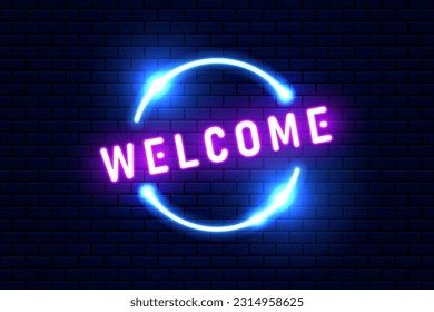 Vector welcome of round frame blue neon light on dark blue overlap design. Futuristic technology background.