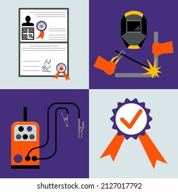 Vector welding flat banner. Welder, tools, protective, diploma sign, quality icons. Welding web graphics