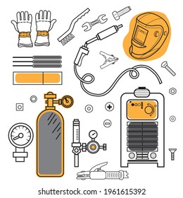 Vector Welding power kit and clip icon, torch icon, electrode, gloves , clothespins, wrenches, bolts , washers, gas cylinder, brush, welding helmet icon