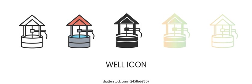 Vector well icon, water source icon in solid, gradient and line styles. Trendy colors. Isolated on a white background. Editable stroke