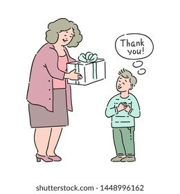 Vector well-behaved boy saying thank you to elderly woman giving present box to him. Good manners, politeness of male kid. Decenity and urbanity of children concept.