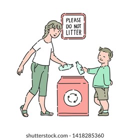 Vector well-behaved boy taking out grabage with mother in special container for recycling with please do not litter inscription. Good manners, politeness of male kid. Decenity and urbanity of children