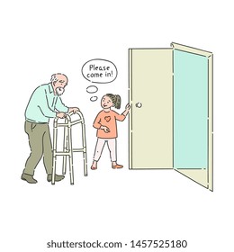 Vector well-behaved girl opening door to elderly man saying please come in. Good manners, politeness of female kid. Decenity and urbanity of children concept.