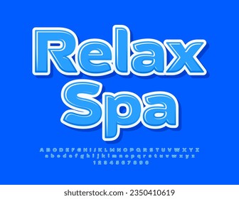 Vector wellness card Relax Spa. Elegant Blue Font. Glossy Alphabet Letters and Numbers