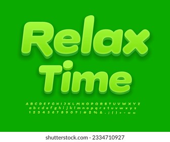 Tarjeta de bienestar vectorial Relax Time. Fuente 3D verde. Juego de letras, números y símbolos de alfabetos creativos