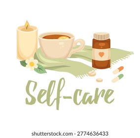 Vector wellness card. Relaxing banner with calligraphy. Spa and bodycare. Illustration with scarf, candle, tea for banners and articles.