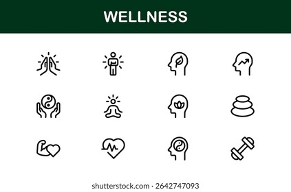 Vector Iconos de bienestar Colección que incluye yoga, atención plena, nutrición y símbolos de relajación