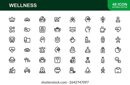 Vector Wellness Icons Collection Including Yoga, Mindfulness, Nutrition, and Relaxation Symbols