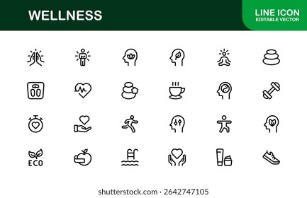 Vector Wellness Icons Collection Including Yoga, Mindfulness, Nutrition, and Relaxation Symbols