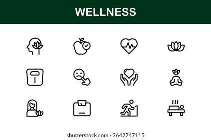 Vector Wellness Icons Collection Including Yoga, Mindfulness, Nutrition, and Relaxation Symbols