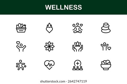 Vector Wellness Icons Collection Including Yoga, Mindfulness, Nutrition, and Relaxation Symbols