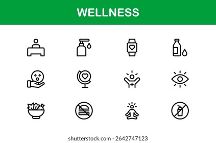 Vector Iconos de bienestar Colección que incluye yoga, atención plena, nutrición y símbolos de relajación