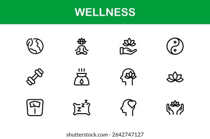 Vector Wellness Icons Collection Including Yoga, Mindfulness, Nutrition, and Relaxation Symbols