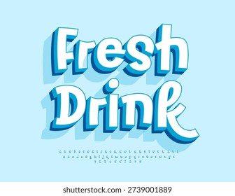 Vector Wellness label Fresh Drink. Playful White Font. Creative 3D Alphabet Letters and Numbers