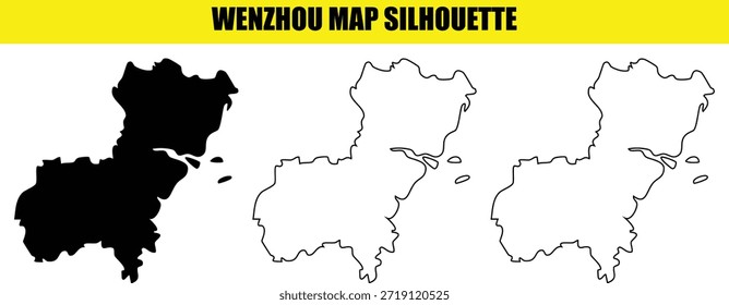 Ilustración de la silueta del mapa de Vector de Wenzhou con el límite detallado de la provincia de Zhejiang para estudios de geografía y proyectos de diseño administrativo que incluyen islas costeras e íconos de forma de ciudad
