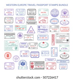 Vector Western Europe Colour Travel Visa Stamps Set
