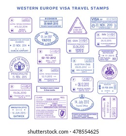 Vector western europe common travel visa stamps set