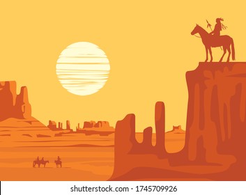 Vector Western landscape with American prairies and a silhouette of an Indian riding a horse with spear on top of a cliff at the yellow sunset. Wild West vintage background, decorative illustration