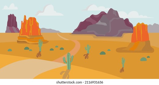 Vector western landscape with Monument valley and cactuses.Wild west background for prints,decor and cowboy styled events