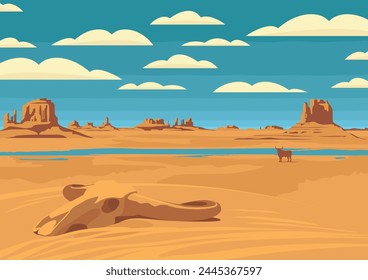 Paisaje occidental de Vector con la silueta del toro y la calavera de toro y río en las praderas silvestres de América. Ilustración decorativa, fondo vintage del salvaje oeste