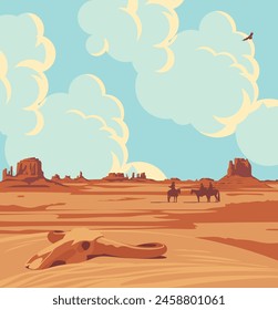 Vector Western landscape with silhouette of cowboys on horseback and bull skull at the wild American prairies. Decorative illustration, Wild West vintage background