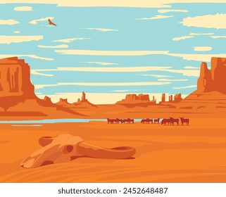 Paisaje occidental de Vector con la silueta de la manada de toros y la calavera de toros y el río en las praderas silvestres de América. Ilustración decorativa, fondo vintage del salvaje oeste