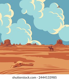 Vector Western landscape with silhouette of Indian on horseback and bull skull at the wild American prairies. Decorative illustration, Wild West vintage background