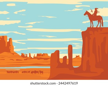 Vector Western landscape with silhouettes of Indian on horseback and buffalo herd at the wild American prairies. Decorative illustration, Wild West vintage background