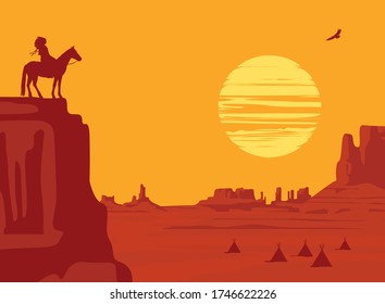Vector Western landscape with wild American prairies and a silhouette of an Indian leader riding a horse on top of a cliff at the orange sunset. Decorative illustration, Wild West vintage background