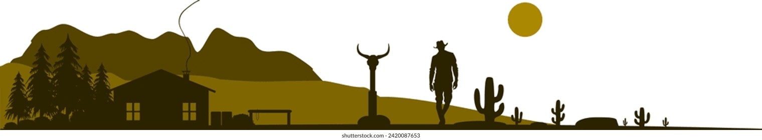 Vector Western Silhouettes - Cowboy Ranch Farm and landscape with mountains, desert and cacti - Wild West