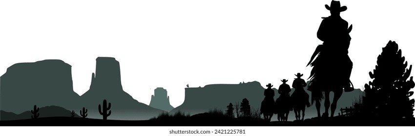 Vector western silhouettes - USA landscape wild west - 4 men with cowboy hats riding horses