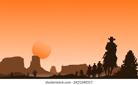 Vector western silhouettes - USA landscape wild west - 4 men with cowboy hats riding horses