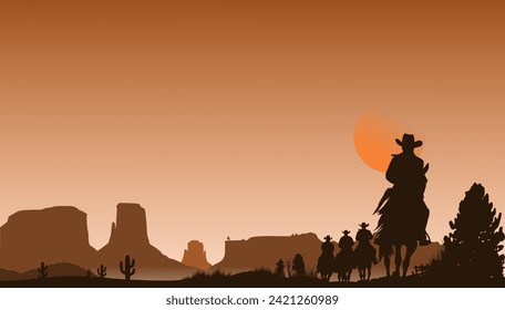 Vector western silhouettes - USA landscape wild west - 4 men with cowboy hats riding horses