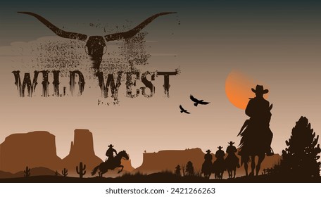Vector western silhouettes - USA landscape longhorn with writing wild west - 5 men with cowboy hats riding horses