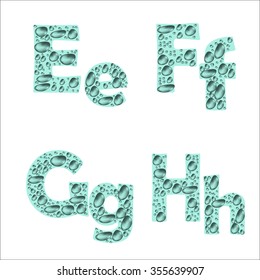 Vector wet sea alphabet. Letters of the alphabet with drops E, F, G, H.