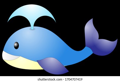 Vector whale. 3d whale isolated on black background. Cartoon smiling character