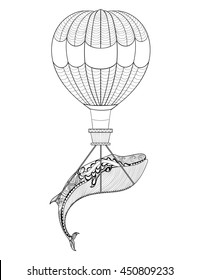 Vector Whale with air balloon, background for adult coloring books. Hand drawn artistic vector illustration with flying airballoon transport in ethnic, zentangle, tribal style. Doodle design. A4 size.