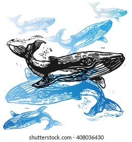 Vector Whale animals in abstract composition. Linocut whales in different colors on the white background