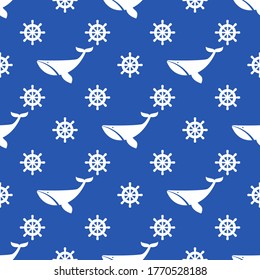 Vector whale boat steering wheel seamless pattern marine fabric design.