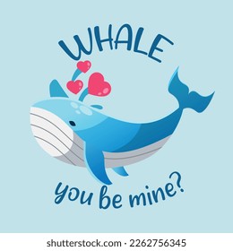 Vector whale character pun quotes cartoon illustration. Cute whale pun "WILL YOU BE MINE" text. Set of characters for Valentine's Day card.