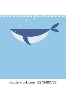 Vector Whale Flat Illustration With Blue Background.