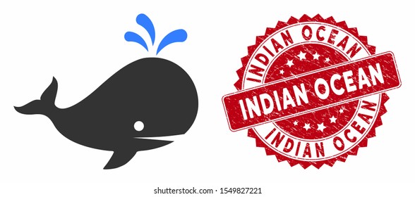 Vector whale icon and grunge round stamp seal with Indian Ocean phrase. Flat whale icon is isolated on a white background. Indian Ocean stamp seal uses red color and scratched texture.