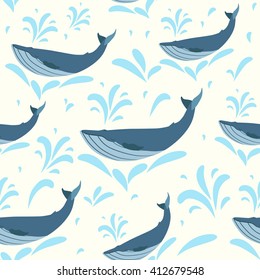 Vector whale illustration. Swimming cute whales seamless background for print or web. Nautical child pattern. Summer backdrop in flat style
