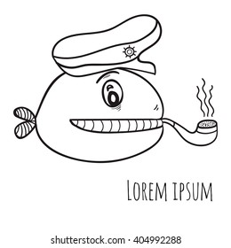 Vector whale, isolated image, doodle drawing, black outline on a white background, a whale in the captain's cap smoking a pipe