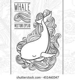 Vector whale on the waves. Sketch doodle line art.
Unique illustration for t-shirts, banners, books, articles in the journal, flyers and other types of business design.