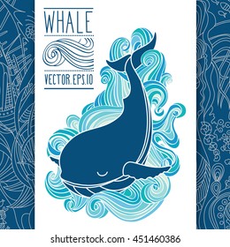 Vector whale on the waves. Sketch doodle line art.
Unique illustration for t-shirts, banners, books, articles in the journal, flyers and other types of business design.