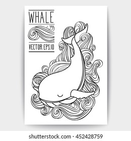 Vector whale on the waves. Sketch doodle line art.
Unique illustration for t-shirts, banners, books, articles in the journal, flyers and other types of business design.