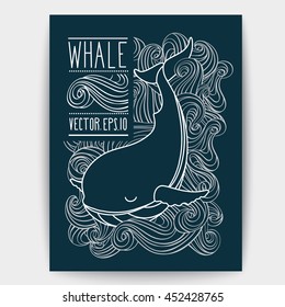 Vector whale on the waves. Sketch doodle line art.Unique illustration for t-shirts, banners, books, articles in the journal, flyers and other types of business design.